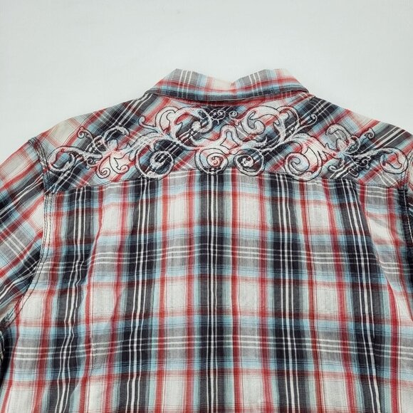 The Buckle Pearl Snap Shirt Mens Medium Red Blue‎ Plaid Icon Western Embroidered - Picture 11 of 11